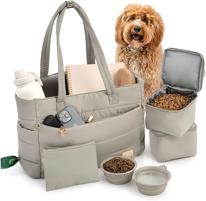 rubyloo Puffer Dog Travel Bag for Dog Moms – Doggy Diaper Bag with Pet Bowls & Food Storage or Everyday Puffy Tote – Doggy Mom Gifts for Women – Lightweight, Travel-Ready Gift for Pet Lovers - Khaki