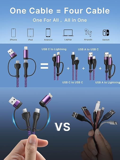 4 in 1 Charging Cable 2Pack 6.6ft 60W Fast Charging USB C Cable 20W iPhone Charger Cord Lightning Cable Multi Charging Cable with Lightning/Type C/USB A Port for iPhone 16 15 14/Samsung/iPad/MacBook
