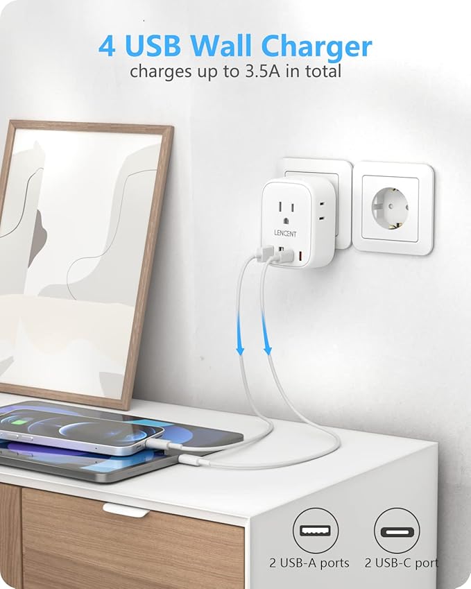 LENCENT 3 Pack European Travel Plug Adapter,US to Europe Type-C Foldable Power Plug with 4 Outlets 4 USB Ports (2 USB C), International Power Adapter for USA to EU Euro Iceland Spain Italy France