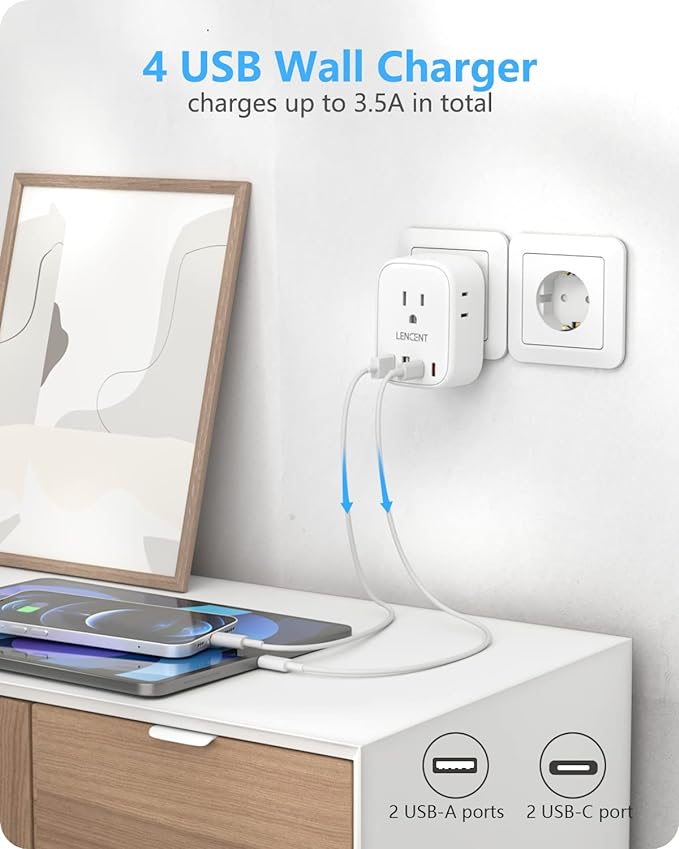 2 Pack European Travel Plug Adapter, LENCENT US to Europe Type-C Foldable Power Plug with 4 Outlets 4 USB Ports (2 USB C), Power Adaptor for USA to EU Euro Iceland Spain Italy France Germany Greece