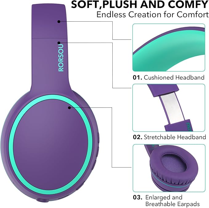 B10 Bluetooth Headphones Over Ear, 2 EQ Music Modes(Normal/Bass) and 50H Playtime Wireless Headphones with Mic, Lightweight Folding HiFi Stereo Headset for iPad/Travel/Tablet/PC/Home (Purple)