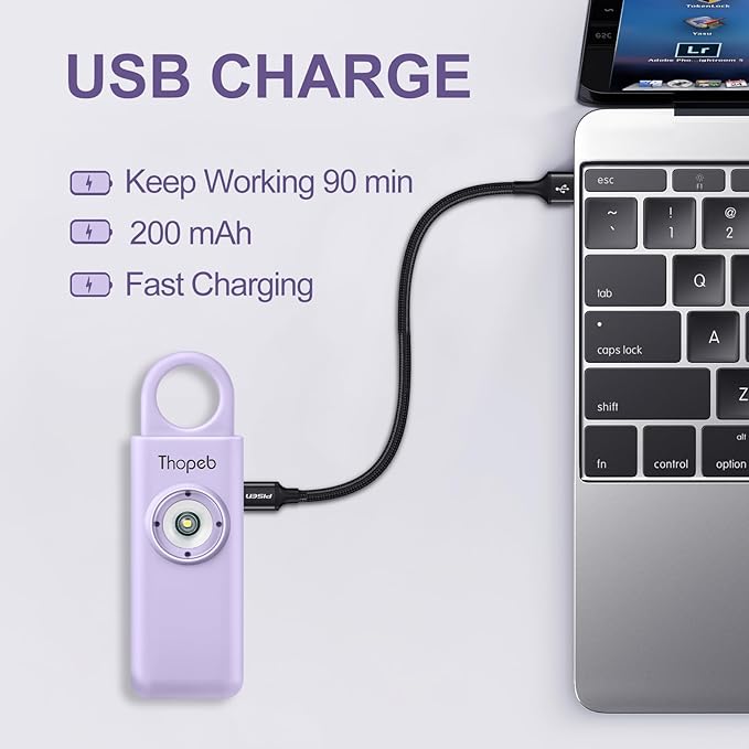 Thopeb– Personal Safety Alarm for Women–135dB Siren, Strobe Light and Rechargeable - Safety Alarm Keychain for Women (Purple)