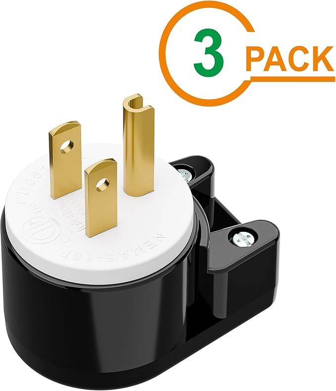 3PACK 90 Degree USA Canada Male Nema 5-15P 3 Pole Angle DIY Plug, 15A 125V USA 3Pin Right Angle AC Connector, Black