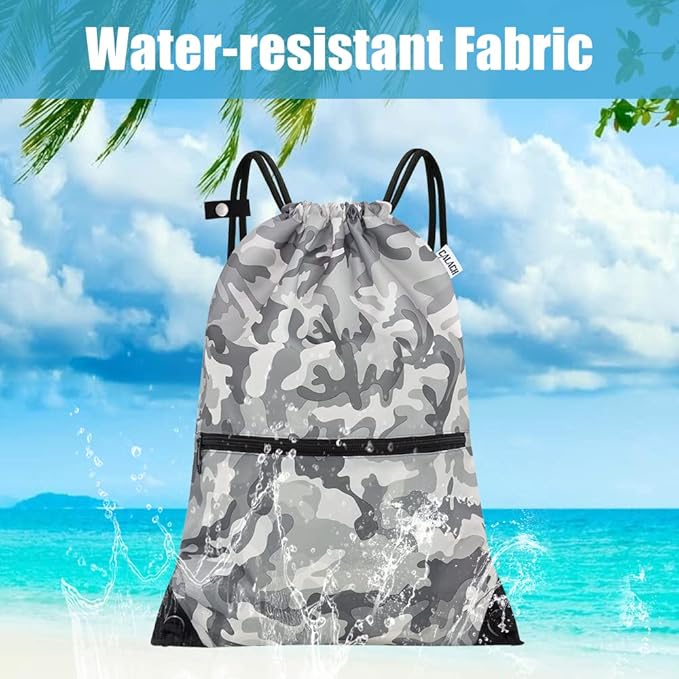 draw string back bag, Large Gym Sports string backpack for men and women with front zipper pocket and inside zipper pocket to keep key or phone (Grey camo)