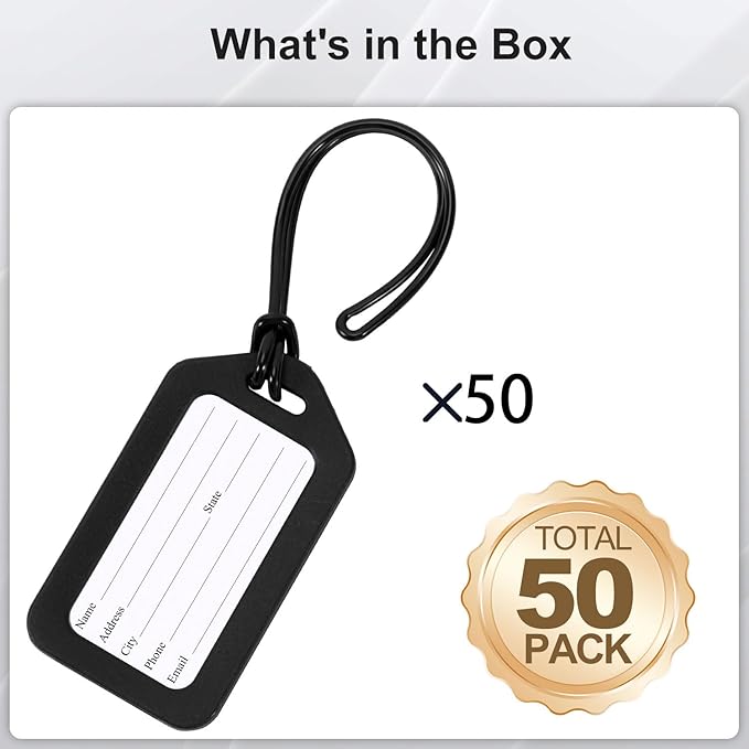 50 Pack Luggage Tag Bright Luggage Tags for Suitcases Bag Tags Name Tags for Kids Travel Accessories Must Haves by Sodsay (Black)