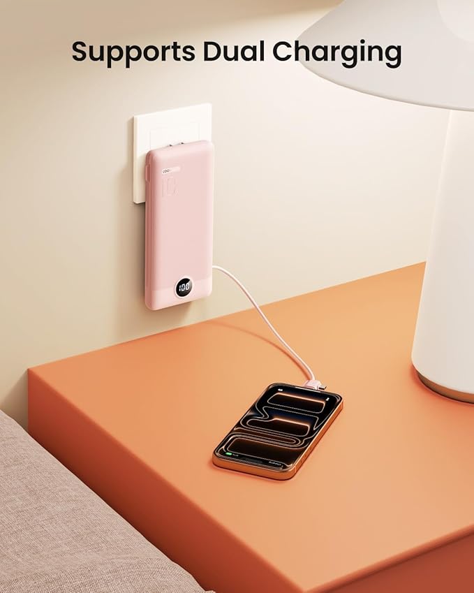 Portable Charger Built-in Cables and Wall Plug, 10000mAh Slim USB C Power Bank, LED Display External Battery Pack Compatible with iPhone/Android & More (Pink)