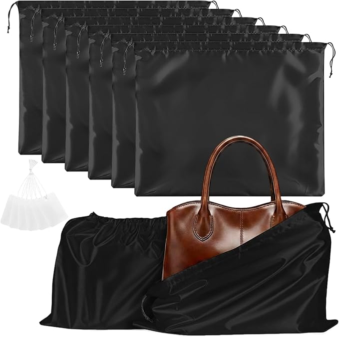Q&J Fabric Co. 6 Pack Satin Dust Bags for Purses and Handbags - Purse Storage Organizer with Drawstring, Dustproof Travel Storage Pouches for Handbags, Shoes, Boots & Clothes (19.7"x23.6", Black)