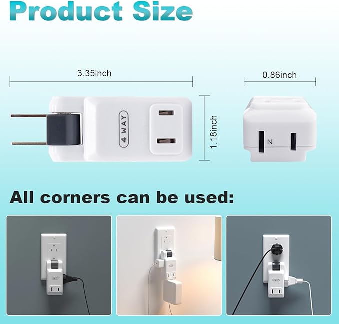 SYCON Outlet Wall Adapter, 2-Prong Swivel Ungrounded Indoor AC Mini Plug Wall Tap-White (4 Way-2 Pack)