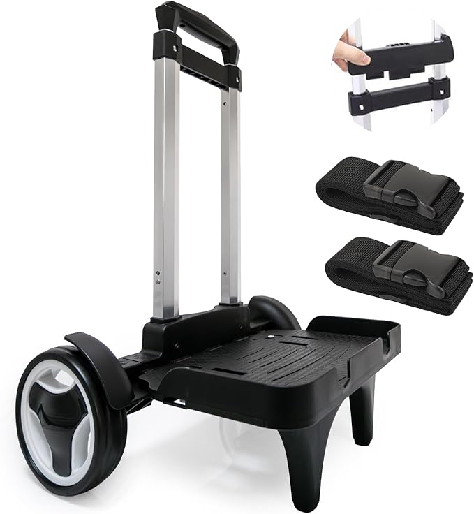 Backpack Trolley Cart with Stair-Climbing Wheels – Foldable Aluminum Frame, Adjustable Handle and 77 lbs Capacity – Quiet Large Wheels with Edge Guard – Black – Fits Travel Bags, Book Bags, Shopping