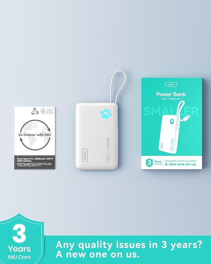INIU Portable Charger, Slim 45W 10000mAh Power Bank with Build in USB-C Cable for Travel, Fast Charging USB C in&Out Battery Pack, External Phone Charger for iPhone 17 16 15 Samsung S25 S24 Google etc