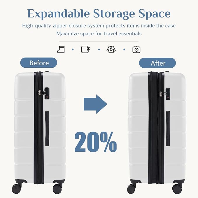 OLIXIS 3-Piece Suitcase Set, Hardside Luggages with Spinner Wheels, Lightweight ABS Hard Shell Travel Luggage, Expandable Carry-On Suitcase with TSA Approved Lock–White, 20/24/28 Inch