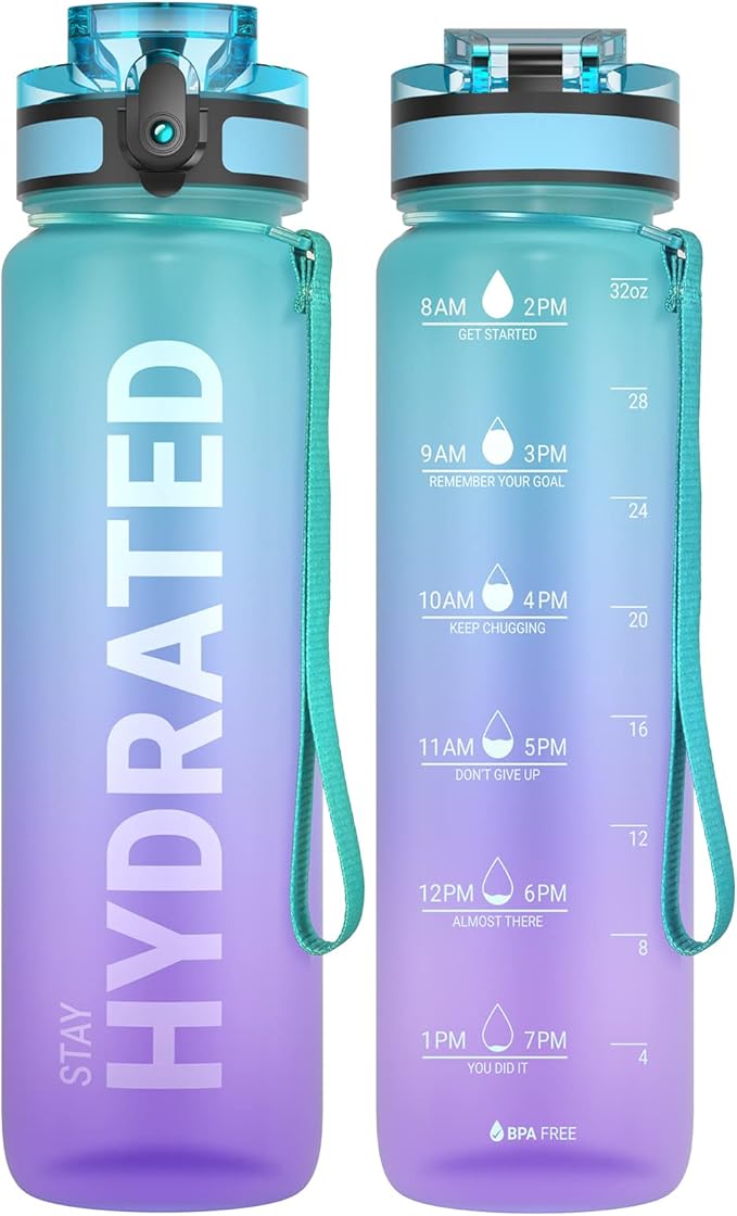 Sahara Sailor Water Bottle 32oz, Durable and Leakproof Water Bottles Motivational with Time Marker, Tritan, BPA Free, Wide Mouth with Easy Clean Brush for Gym, Travel, Home, School, Office (1 Bottle)