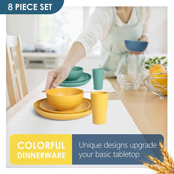 Teivio 32-Piece Kitchen Plastic Wheat Straw Dinnerware Set, Service for 8, Dinner Plates, Dessert Plate, Cereal Bowls, Cups, Unbreakable Colorful Plastic Outdoor Camping Dishes, Autumn Multicolor