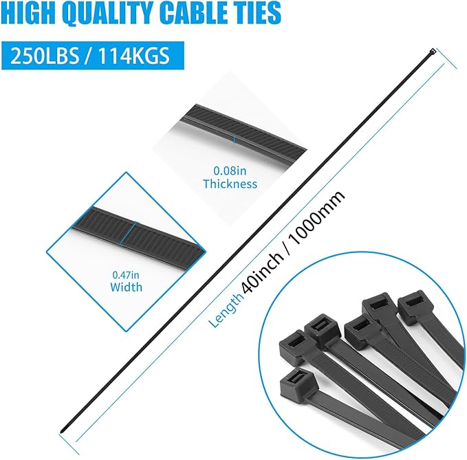 Armpow 40 inch Black Zip Ties Heavy Duty 30 PCS, 250LBS Ultra Exclusive Strong Plastic Wire Ties, Large Cable Ties Extra Long Tie Wraps, Indoor and Outdoor UV Resistant