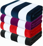Exclusivo Mezcla 4 Pack Cotton Oversized 35x70 Inches Soft Cabana Stripe Thick Beach Towel, Super Absorbent Travel Bath Pool Towel (Charcoal Grey/Dark Navy/Purple/Red)