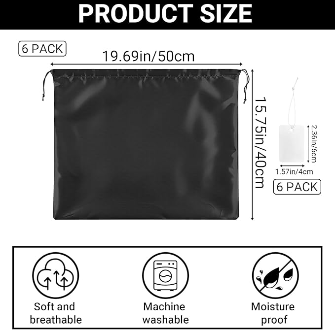 Q&J Fabric Co. 6 Pack Satin Dust Bags for Purses and Handbags - Purse Storage Organizer with Drawstring, Dustproof Travel Storage Pouches for Handbags, Shoes, Boots & Clothes (15.7"x19.7", Black)