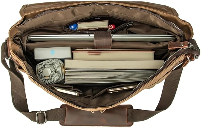 Vintage Genuine Leather Waxed Canvas Briefcase Large Satchel Shoulder Bag Rugged Computer 15.6" Laptop Bag