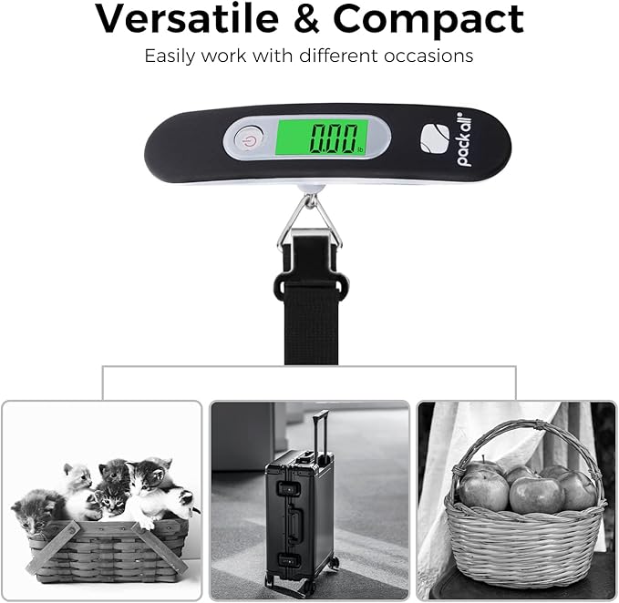 pack all 110 Lbs Luggage Scale, Digital Handheld Luggage Scale, Baggage Scale, Travel Weight Scale for Luggage with Backlit LCD Display, Battery Included, Black