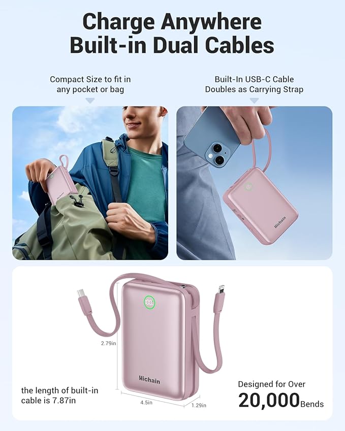 Hichain Portable Charger 20000mAh Power Bank 35W Power Bank Fast Charging Battery Pack with Dual in Cables Compact Battery Bank with Digital Display for iPhone Android Portable Phone Charger Pink