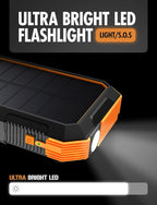 ToughTested 24000mAh Solar Power Bank Portable Charger, Fast Charging External Battery Pack with LED Flashlight, IP66 Waterproof, Dustproof, Shockproof USB-C Power Bank for Camping, Travel & Emergency