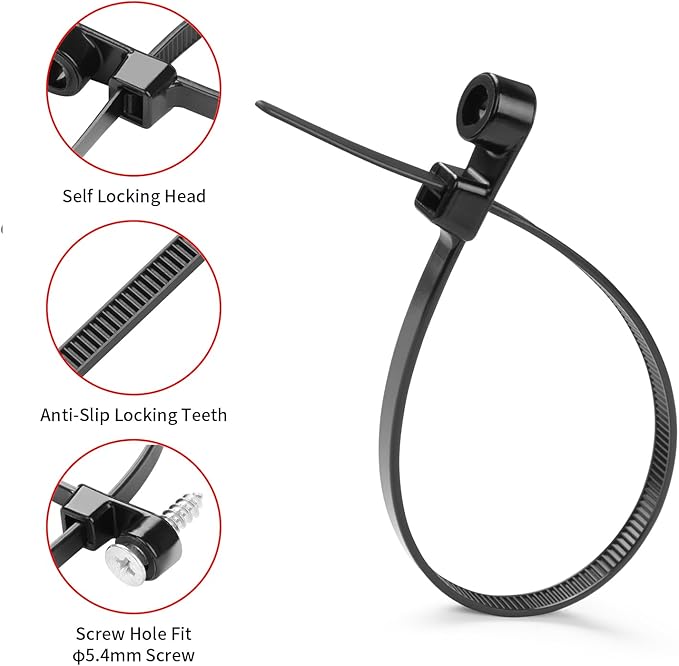 1000 PCS 6 inch Black Zip Ties with Screw Hole 70lbs Mountable head Cable Ties Straps Multipurpose Heavy Duty Nylon Cable Zip Ties with Screw Mounting Hole
