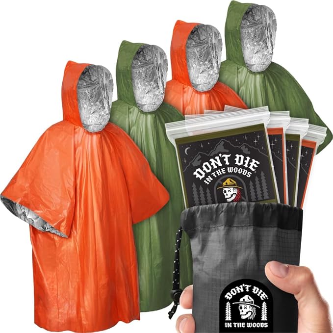 Don't Die In The Woods - Rain + Heat Emergency Poncho - Wearable Mylar Space Blanket For Hiking, Camping, First Aid, Survival