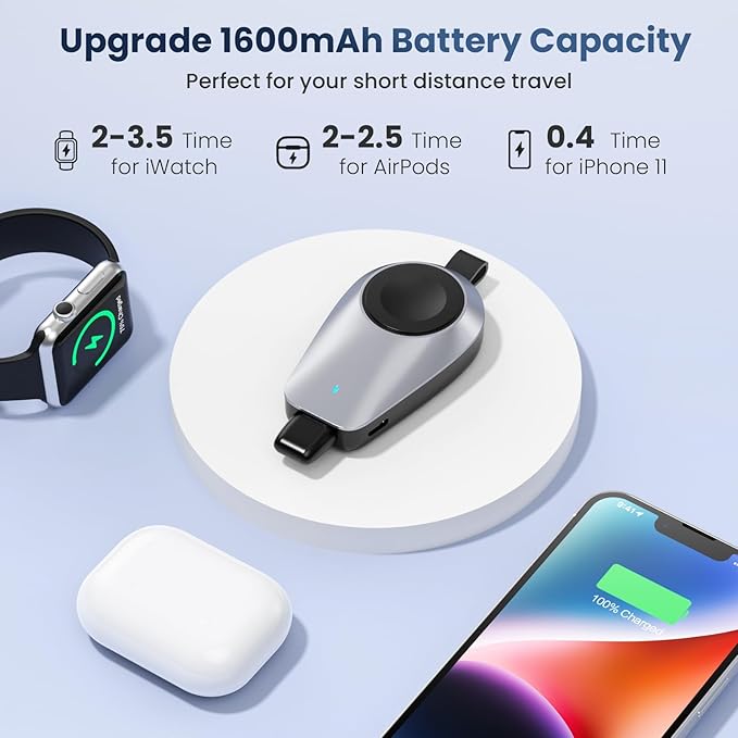 Mini Portable Wireless Charger for Apple Watch,1600mAh Keychain Travel Emergency Power Bank for iPhone,Compact Magnetic iWatch Charger,for iWatch 9/8/UItra/7/6/SE/5/4/3&iPhone 5-13/14 Series(Black)