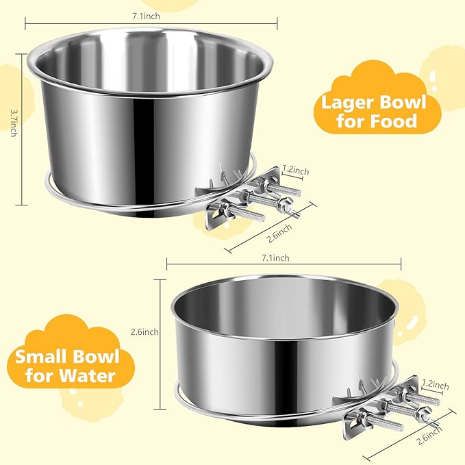 Large Dog Crate Water Bowl No Spill 2 Pack, Stainless Steel Dog Bowls for Food and Water, Pet Kennel Hanging Dogs Food Bowls for Medium/Large Dogs and Cats (7.1"x3.7" & 7.1"*2.6", Silver)