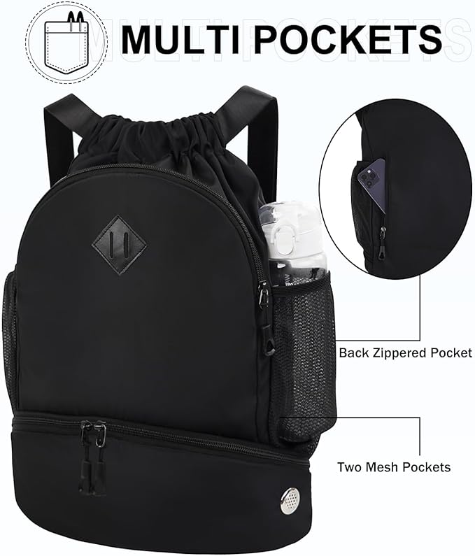 RHDZO Drawstring Backpack Gym Backpack with Shoe Compartment for Men Women String Sports Bag with Wet Pocket Cinch Swim Beach Bag, Large Black