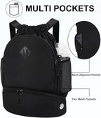RHDZO Drawstring Backpack Gym Backpack with Shoe Compartment for Men Women String Sports Bag with Wet Pocket Cinch Swim Beach Bag, Large Black