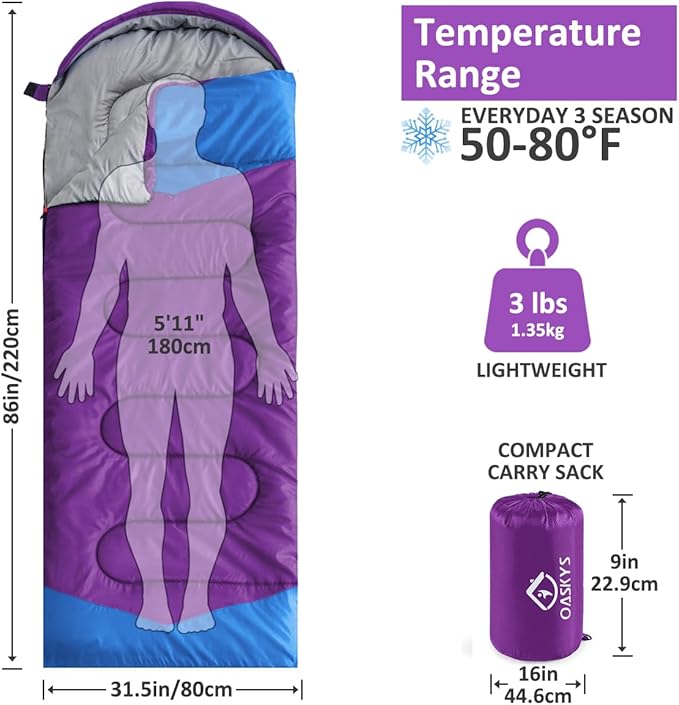 oaskys Camping Sleeping Bag - 3 Season Warm & Cool Weather - Summer Spring Fall Lightweight Waterproof for Adults Kids - Camping Gear Equipment, Traveling, and Outdoors