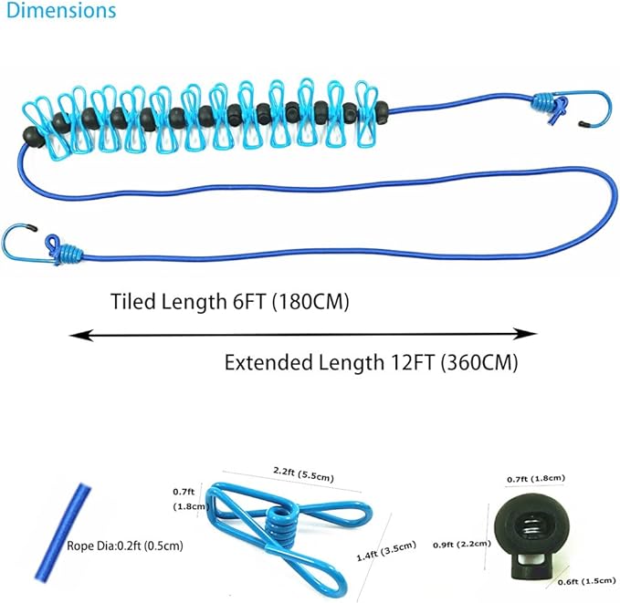 Adjustable Elastic Clothesline with Clips and Positioning Balls Portable Retractable Windproof Laundry Hanging Rope Anti-Skid Washing Line with Drawstring Bag (Light Blue)