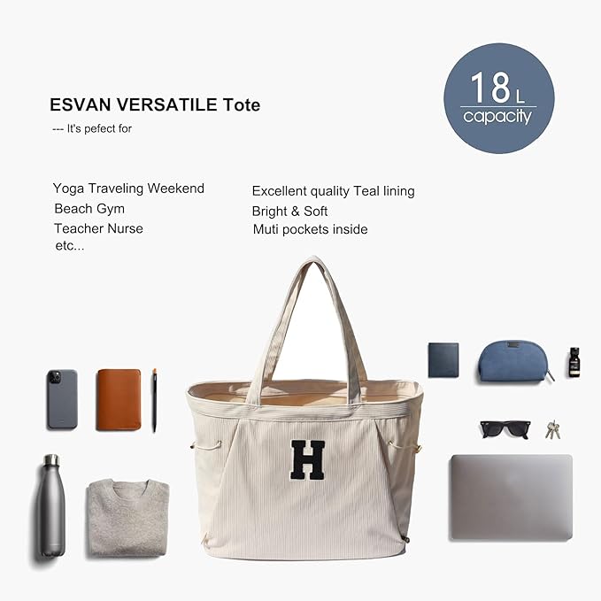 ESVAN Corduroy Yoga Tote Bag Gifts for Women Drawstring Yoga Mat Bag for Office Workout Travel Carryall Pilates Gym