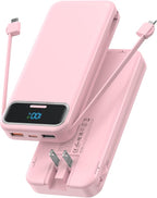 Portable Charger, 12000mAh 22.5W Fast Charging Power Bank with Built-in Cables & Wall Plug, USB C External Battery Pack with LED Display, Travel Essential Charging Bank for iPhone, iPad, Samsung Pink