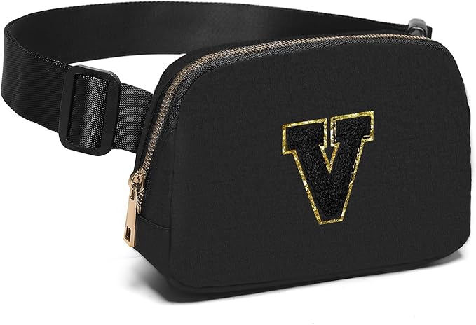 Gitus Belt Bag Fanny Pack Crossbody Bags with Initial Letter Patch Gifts for Wife Older Women Mother Coworker Bridesmaid Anniversary Travel Gifts Beach Gifts (Black-V)