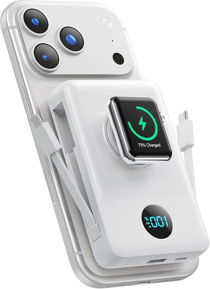 6 in 1 Magnetic Portable Charger for iPhone with Built-in Cables, 10800mAh 25W PD Fast Charging Power Bank, 6 Outputs Travel Essential Battery Pack for iPhone 17/16/15/14/13/12,Apple Watch (White)
