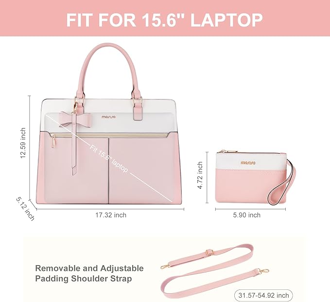MOSISO Laptop Tote Bag for Women, 15.6 inch Waterproof PU Leather Work Bag with Clutch Purse & Bowknot, Large Capacity Handbag Shoulder Computer Bags Work Briefcase for Business Teacher Office, Pink