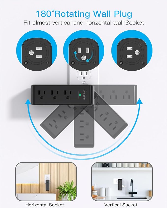 Surge Protector Outlet Extender, 9 AC Multi Outlet Wall Plug with Rotating Plug, 1800J Wall Charger, 3-Sided Power Strip Electrical Plug Adapter Outlet Splitter for Home Office Dorm, Black