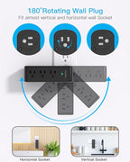 Surge Protector Outlet Extender, 9 AC Multi Outlet Wall Plug with Rotating Plug, 1800J Wall Charger, 3-Sided Power Strip Electrical Plug Adapter Outlet Splitter for Home Office Dorm, Black