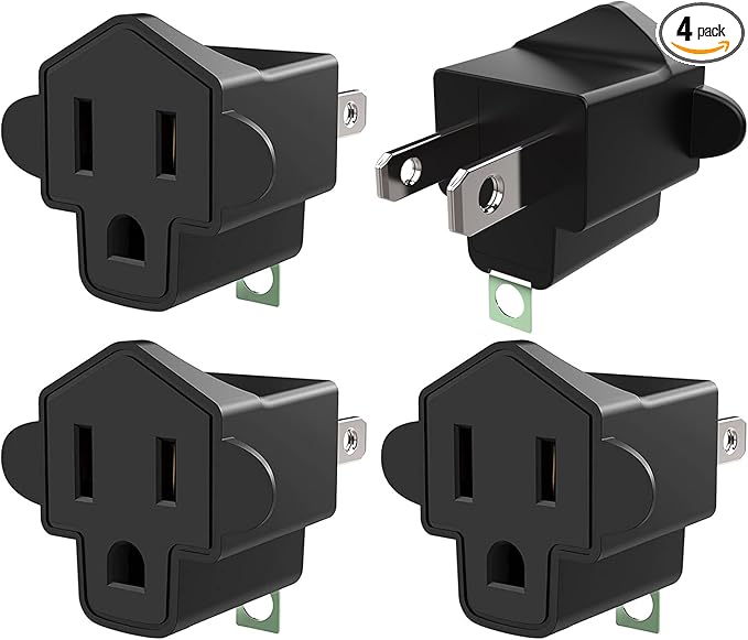 4 Pack 3-2 Prong Adapters Grounding Adapter JACKYLED 3-Prong to 2-Prong Adapter ETL Listed Fireproof Material 392℉ Resistant Heavy Duty Wall Plugs for Household Appliances Industial, Black