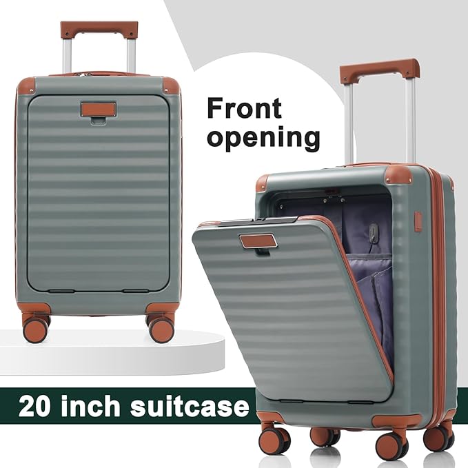 5 Piece Luggage Set w/TSA Locks & USB Port, Front Opening Hard Shell Luggage Sets, Expandable Suitcase Set with Wheels and Cup Holder(20"/24"/28") (Blue Grey)