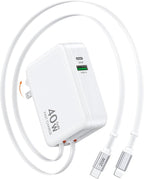 Retractable USB Charger Wall Plug with Type C Cables Cords,40W Fast Charging Foldable Block Multi Charger,4-in-1 Travel Essentials Brick Multiport for iPhone 17/16/15/14/13/12,iPad,Galaxy,LG,Pixel
