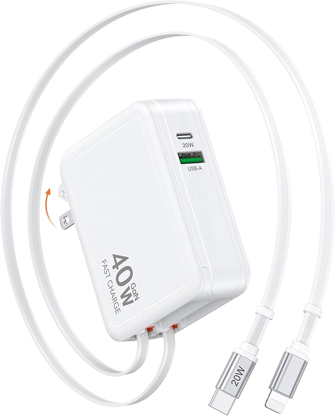 Retractable USB Charger Wall Plug with Type C Cables Cords,40W Fast Charging Foldable Block Multi Charger,4-in-1 Travel Essentials Brick Multiport for iPhone 17/16/15/14/13/12,iPad,Galaxy,LG,Pixel