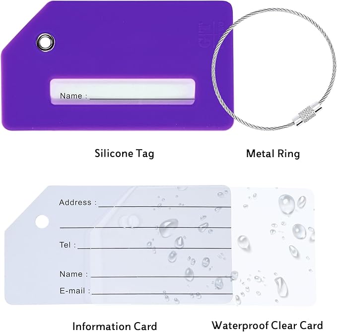 14 Pack Silicone Luggage Tag for Suitcases with Stainless Loop, TSA Approved, Privacy Protection Travel Essentials Bag Tags by Gostwo, Purple