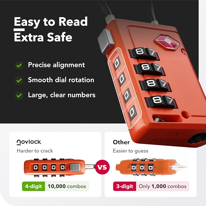 Luggage Locks TSA Approved with Inspection Indicator and Resettable 4-Digit, Easy-to-Read Combination, TSA Locks for Luggage, Suitcases, Backpacks & Travel Bags, Orange, 6-Pack