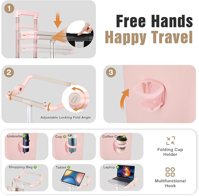 smilesun 20" Adjustable Fence Luggage with Seat, Carry On Suitcase for Kids & Adults, 200lbs Support, 360° Silent Wheels with TSA Lock, Tablet & Cup Holder(Pink)