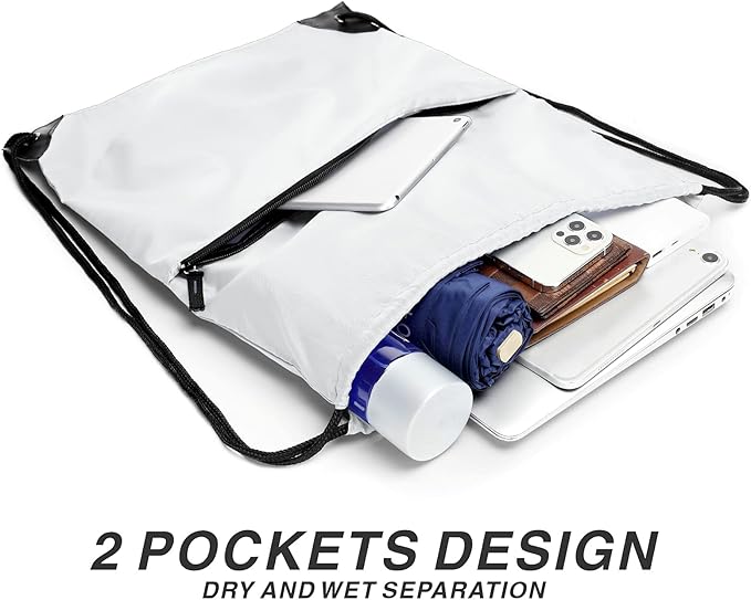 Drawstring Backpack Sports Water Resistant String Bag Sport Gym Sackpack for Women Men Large with Zipper, White