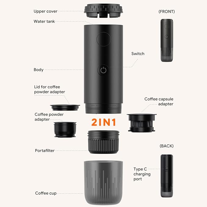 Electric Coffee Machine Capsule and Powder 2 in 1 Coffee Maker with 20 Bar Pressure 7800mAh Battery Rechargeable