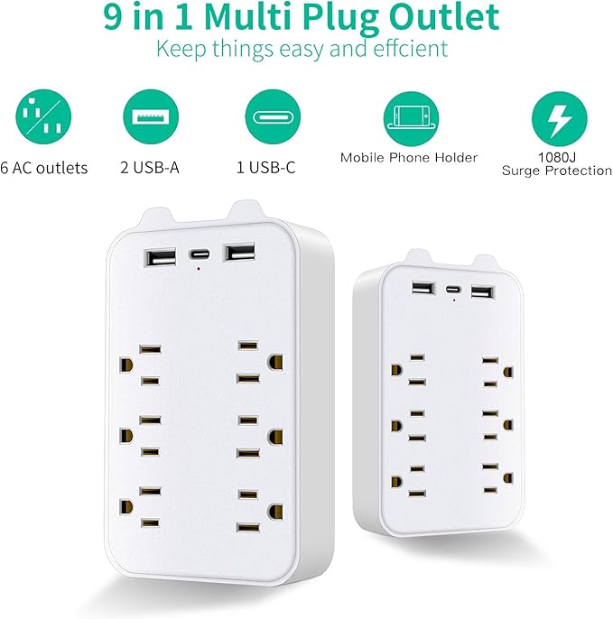 Surge Protector Outlet Extender, 6 AC Outlets & 2 USB-A & 1 USB-C Ports (3A), ETL Listed, Triple-Sided Wide-Spaced, 125V 1875W, Flame Retardant for Home Office Kitchen Travel
