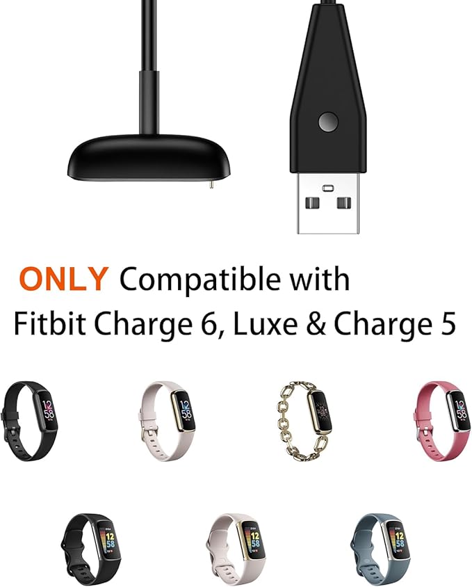 Charger Cord Replacement for Fitbit Charge 5/Charge 6/Luxe Smartwatch, Reset Button Cable (3.3Ft/2 Pack)